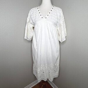 SUNDANCE Embroidered Cotton Midi Dress XS White Bell Sleeves Metal Studs Boho